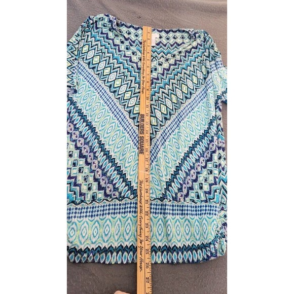 Chico's Aqua Blue Purple White Chevron Ruched Ikat Sides Tunic Top Shirt Sz 1 M - Picture 4 of 7